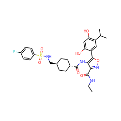 CCNC(=O)c1noc(-c2cc(C(C)C)c(O)cc2O)c1NC(=O)[C@H]1CC[C@H](CNS(=O)(=O)c2ccc(F)cc2)CC1 ZINC000261172357