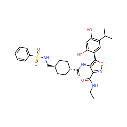 CCNC(=O)c1noc(-c2cc(C(C)C)c(O)cc2O)c1NC(=O)[C@H]1CC[C@H](CNS(=O)(=O)c2ccccc2)CC1 ZINC000254194376