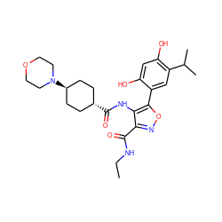 CCNC(=O)c1noc(-c2cc(C(C)C)c(O)cc2O)c1NC(=O)[C@H]1CC[C@H](N2CCOCC2)CC1 ZINC000102926947