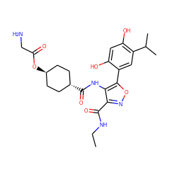 CCNC(=O)c1noc(-c2cc(C(C)C)c(O)cc2O)c1NC(=O)[C@H]1CC[C@H](OC(=O)CN)CC1 ZINC000299814237