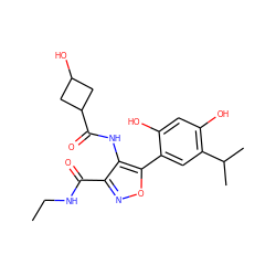 CCNC(=O)c1noc(-c2cc(C(C)C)c(O)cc2O)c1NC(=O)C1CC(O)C1 ZINC000073223619