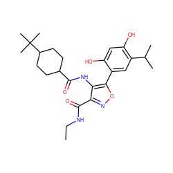 CCNC(=O)c1noc(-c2cc(C(C)C)c(O)cc2O)c1NC(=O)C1CCC(C(C)(C)C)CC1 ZINC000073221265