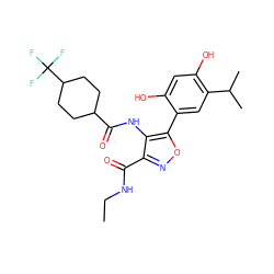 CCNC(=O)c1noc(-c2cc(C(C)C)c(O)cc2O)c1NC(=O)C1CCC(C(F)(F)F)CC1 ZINC000068196911