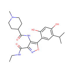 CCNC(=O)c1noc(-c2cc(C(C)C)c(O)cc2O)c1NC(=O)C1CCN(C)CC1 ZINC000073222641