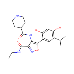 CCNC(=O)c1noc(-c2cc(C(C)C)c(O)cc2O)c1NC(=O)C1CCNCC1 ZINC000073222637