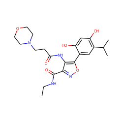 CCNC(=O)c1noc(-c2cc(C(C)C)c(O)cc2O)c1NC(=O)CCN1CCOCC1 ZINC000073223639