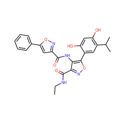 CCNC(=O)c1noc(-c2cc(C(C)C)c(O)cc2O)c1NC(=O)c1cc(-c2ccccc2)on1 ZINC000082158141