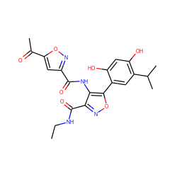 CCNC(=O)c1noc(-c2cc(C(C)C)c(O)cc2O)c1NC(=O)c1cc(C(C)=O)on1 ZINC000073390747