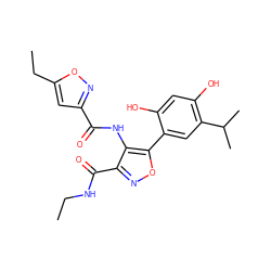 CCNC(=O)c1noc(-c2cc(C(C)C)c(O)cc2O)c1NC(=O)c1cc(CC)on1 ZINC000073221182