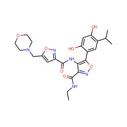 CCNC(=O)c1noc(-c2cc(C(C)C)c(O)cc2O)c1NC(=O)c1cc(CN2CCOCC2)on1 ZINC000073220244