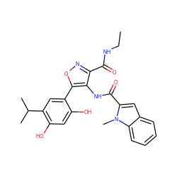 CCNC(=O)c1noc(-c2cc(C(C)C)c(O)cc2O)c1NC(=O)c1cc2ccccc2n1C ZINC000073224306