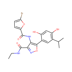 CCNC(=O)c1noc(-c2cc(C(C)C)c(O)cc2O)c1NC(=O)c1ccc(Br)o1 ZINC000082157696