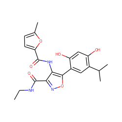 CCNC(=O)c1noc(-c2cc(C(C)C)c(O)cc2O)c1NC(=O)c1ccc(C)o1 ZINC000073220241