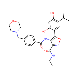 CCNC(=O)c1noc(-c2cc(C(C)C)c(O)cc2O)c1NC(=O)c1ccc(CN2CCOCC2)cc1 ZINC000068196904