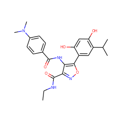 CCNC(=O)c1noc(-c2cc(C(C)C)c(O)cc2O)c1NC(=O)c1ccc(N(C)C)cc1 ZINC000073222988