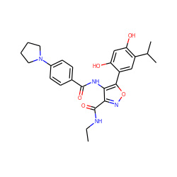 CCNC(=O)c1noc(-c2cc(C(C)C)c(O)cc2O)c1NC(=O)c1ccc(N2CCCC2)cc1 ZINC000073221178