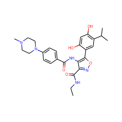 CCNC(=O)c1noc(-c2cc(C(C)C)c(O)cc2O)c1NC(=O)c1ccc(N2CCN(C)CC2)cc1 ZINC000073224311