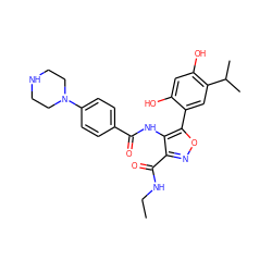 CCNC(=O)c1noc(-c2cc(C(C)C)c(O)cc2O)c1NC(=O)c1ccc(N2CCNCC2)cc1 ZINC000073224574