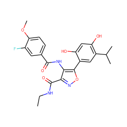 CCNC(=O)c1noc(-c2cc(C(C)C)c(O)cc2O)c1NC(=O)c1ccc(OC)c(F)c1 ZINC000073222986