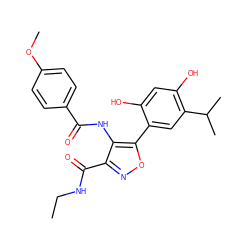 CCNC(=O)c1noc(-c2cc(C(C)C)c(O)cc2O)c1NC(=O)c1ccc(OC)cc1 ZINC000073222985