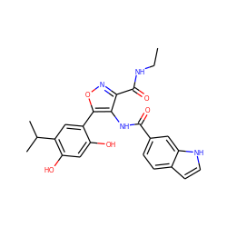 CCNC(=O)c1noc(-c2cc(C(C)C)c(O)cc2O)c1NC(=O)c1ccc2cc[nH]c2c1 ZINC000073224307