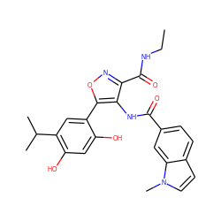 CCNC(=O)c1noc(-c2cc(C(C)C)c(O)cc2O)c1NC(=O)c1ccc2ccn(C)c2c1 ZINC000073223498