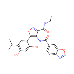 CCNC(=O)c1noc(-c2cc(C(C)C)c(O)cc2O)c1NC(=O)c1ccc2ncoc2c1 ZINC000073219382