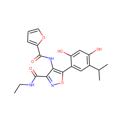 CCNC(=O)c1noc(-c2cc(C(C)C)c(O)cc2O)c1NC(=O)c1ccco1 ZINC000073220238