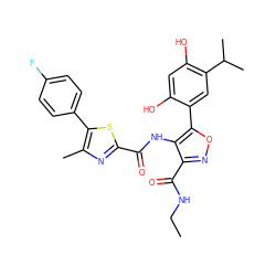 CCNC(=O)c1noc(-c2cc(C(C)C)c(O)cc2O)c1NC(=O)c1nc(C)c(-c2ccc(F)cc2)s1 ZINC000073224603