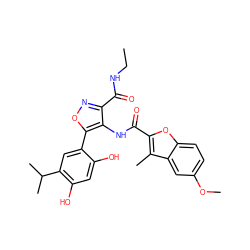 CCNC(=O)c1noc(-c2cc(C(C)C)c(O)cc2O)c1NC(=O)c1oc2ccc(OC)cc2c1C ZINC000073224305