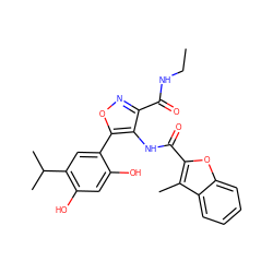 CCNC(=O)c1noc(-c2cc(C(C)C)c(O)cc2O)c1NC(=O)c1oc2ccccc2c1C ZINC000082158385