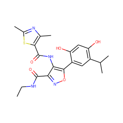 CCNC(=O)c1noc(-c2cc(C(C)C)c(O)cc2O)c1NC(=O)c1sc(C)nc1C ZINC000073224604