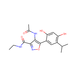 CCNC(=O)c1noc(-c2cc(C(C)C)c(O)cc2O)c1NC(C)=O ZINC000073224076