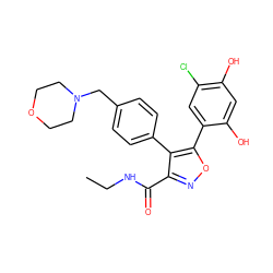 CCNC(=O)c1noc(-c2cc(Cl)c(O)cc2O)c1-c1ccc(CN2CCOCC2)cc1 ZINC000014974863