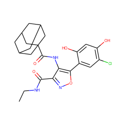 CCNC(=O)c1noc(-c2cc(Cl)c(O)cc2O)c1NC(=O)C12CC3CC(CC(C3)C1)C2 ZINC000073222084