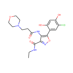 CCNC(=O)c1noc(-c2cc(Cl)c(O)cc2O)c1NC(=O)CCN1CCOCC1 ZINC000073223615