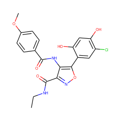 CCNC(=O)c1noc(-c2cc(Cl)c(O)cc2O)c1NC(=O)c1ccc(OC)cc1 ZINC000073225043