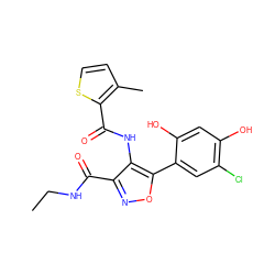 CCNC(=O)c1noc(-c2cc(Cl)c(O)cc2O)c1NC(=O)c1sccc1C ZINC000073222899