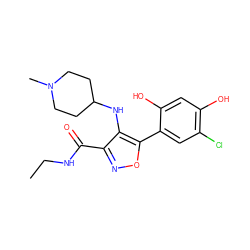 CCNC(=O)c1noc(-c2cc(Cl)c(O)cc2O)c1NC1CCN(C)CC1 ZINC000073221706