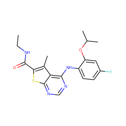 CCNC(=O)c1sc2ncnc(Nc3ccc(F)cc3OC(C)C)c2c1C ZINC000473155248