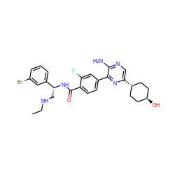 CCNC[C@@H](NC(=O)c1ccc(-c2nc([C@H]3CC[C@H](O)CC3)cnc2N)cc1F)c1cccc(Br)c1 ZINC001772578549