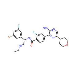 CCNC[C@@H](NC(=O)c1ccc(-c2nc(C3CCOCC3)cnc2N)cc1F)c1cc(F)cc(Br)c1 ZINC001772647524