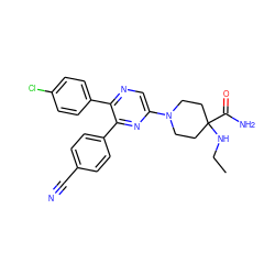 CCNC1(C(N)=O)CCN(c2cnc(-c3ccc(Cl)cc3)c(-c3ccc(C#N)cc3)n2)CC1 ZINC000040972950