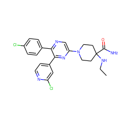 CCNC1(C(N)=O)CCN(c2cnc(-c3ccc(Cl)cc3)c(-c3ccnc(Cl)c3)n2)CC1 ZINC000040972954