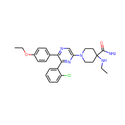 CCNC1(C(N)=O)CCN(c2cnc(-c3ccc(OCC)cc3)c(-c3ccccc3Cl)n2)CC1 ZINC000040955022