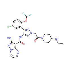 CCNC1CCN(C(=O)Cn2cc(NC(=O)c3c(N)nn4cccnc34)c(-c3cc(Cl)ccc3OC(F)F)n2)CC1 ZINC001772657220