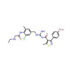 CCNCC(=O)Nc1c(C)cc(CN/C(N)=N/C(=O)c2c(-c3ccc(OC)cc3)nsc2C)cc1Cl ZINC000095580324