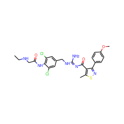 CCNCC(=O)Nc1c(Cl)cc(CN/C(N)=N/C(=O)c2c(-c3ccc(OC)cc3)nsc2C)cc1Cl ZINC000095574649