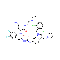 CCNCCNC(=O)[C@H](CCN)NC(=O)[C@H](Cc1ccc(F)c(F)c1)NC(=O)Nc1ccc2c(CN3CCCC3)cn(Cc3c(Cl)cccc3Cl)c2c1 ZINC000095541879