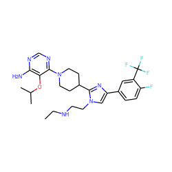 CCNCCn1cc(-c2ccc(F)c(C(F)(F)F)c2)nc1C1CCN(c2ncnc(N)c2OC(C)C)CC1 ZINC000206950777